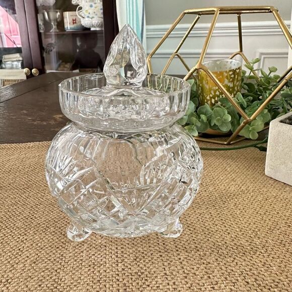 Footed Jam Jelly Glass Crystal Clear Bowl With Lid Wheat Cut Glass‎ Pattern VTG - Picture 1 of 8
